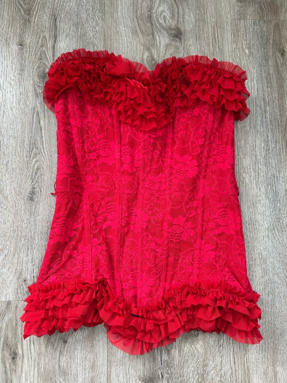 Red Lace Ruffled Corset Strapless Bustier Top